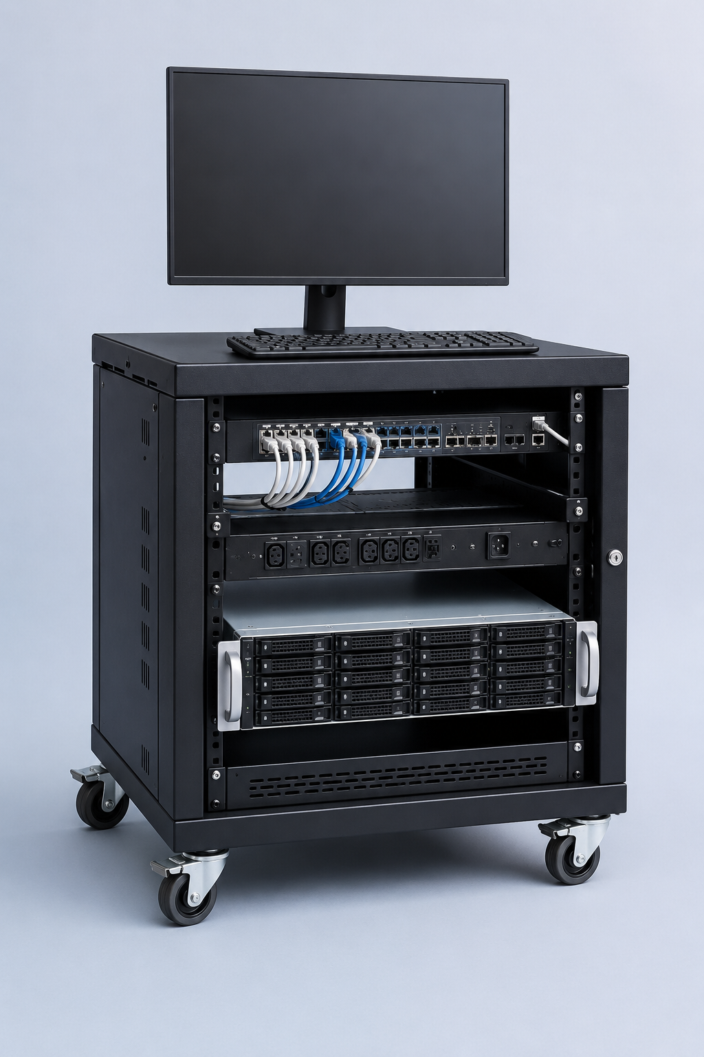 BrainFarm AI Business Node in a three-foot rolling rack with monitor and keyboard