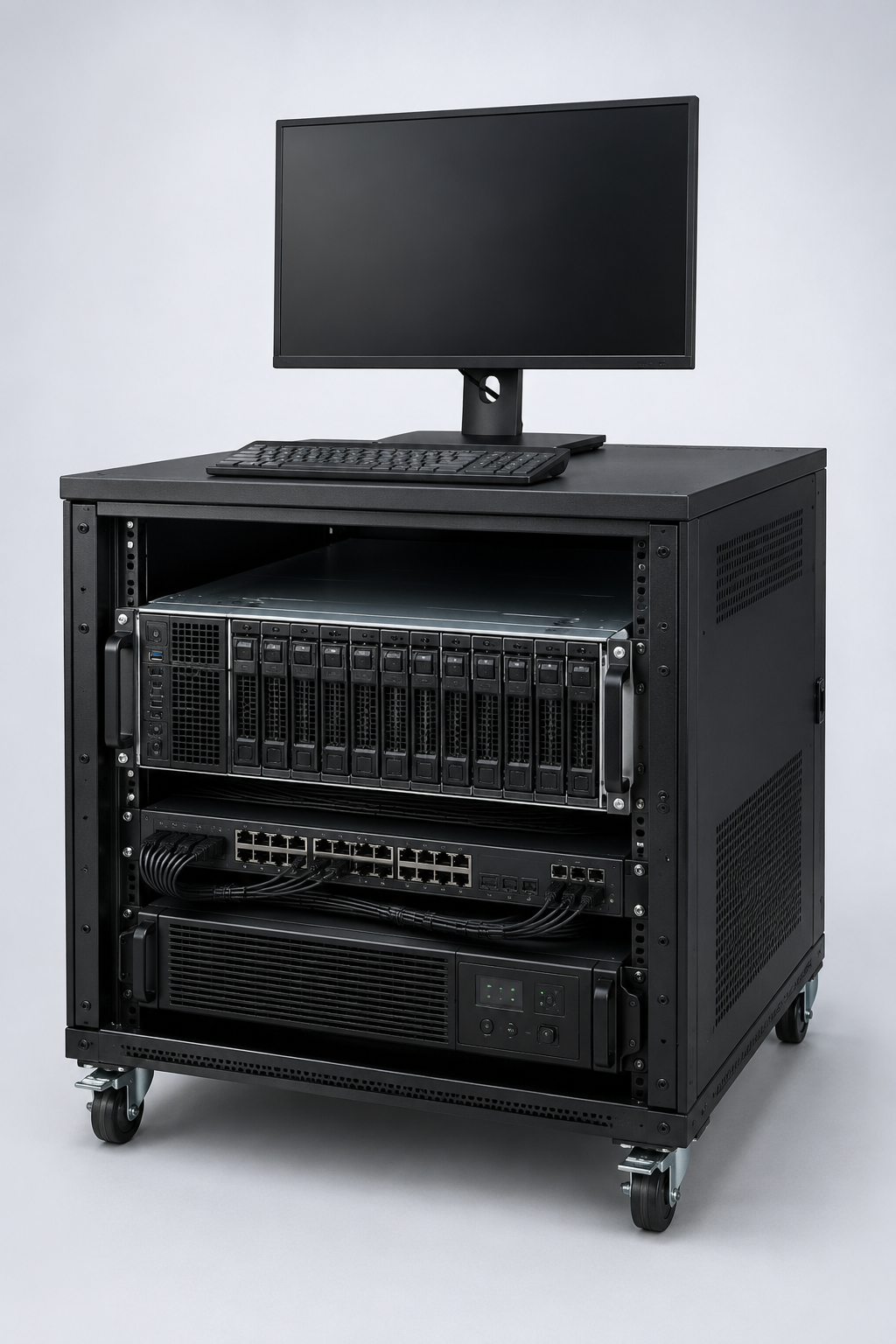 BrainFarm AI Starter Node in a three-foot rolling rack with monitor and keyboard