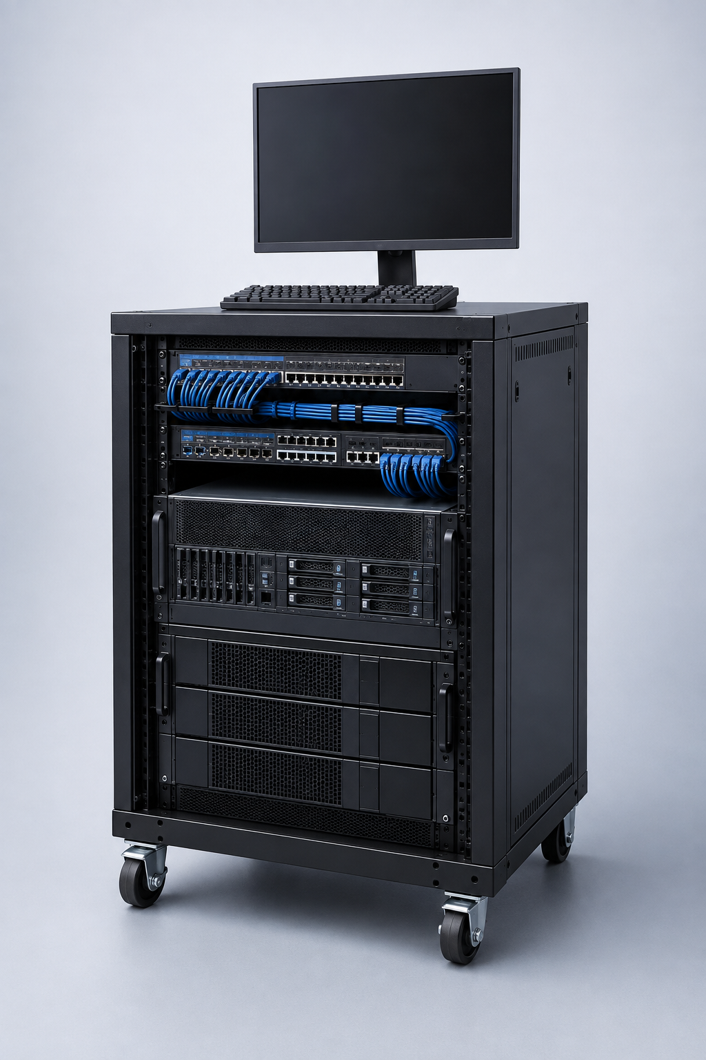 BrainFarm AI Enterprise Node in a three-foot rolling rack with monitor and keyboard